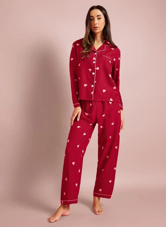 Styli Burgundy Striped and Heart Print Long Sleeves Shirt and Pants Pyjama Set