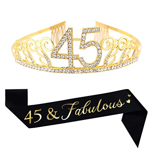 Mayin 45th Brithday Gold Tiara and Sash, Glitter Satin Sash and Crystal Rhinestone Birthday Crown for Happy 45th Birthday Party Supplies Favors Celebration 45th Surprise Party Gifts Cake Topper - Image 1