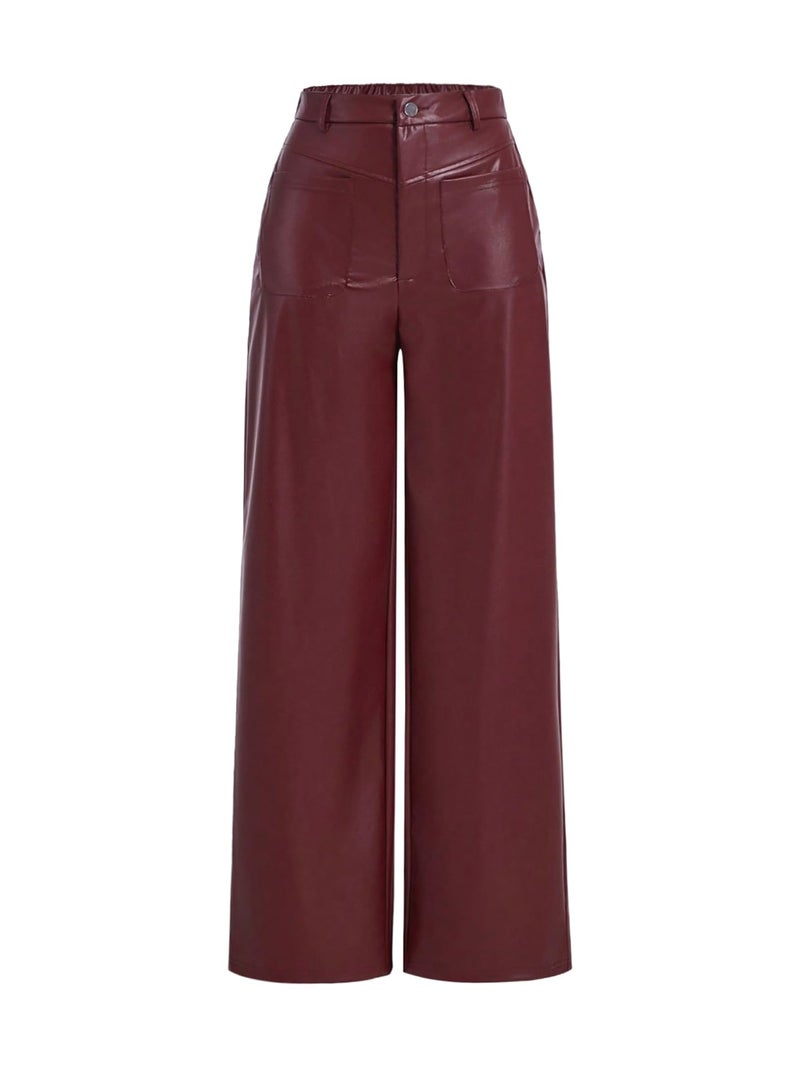 MakeMeChic Women's Leather Pants High Waist Wide Leg Pants Elastic Straight Party Trousers with Pockets Burgundy Medium - Image 1