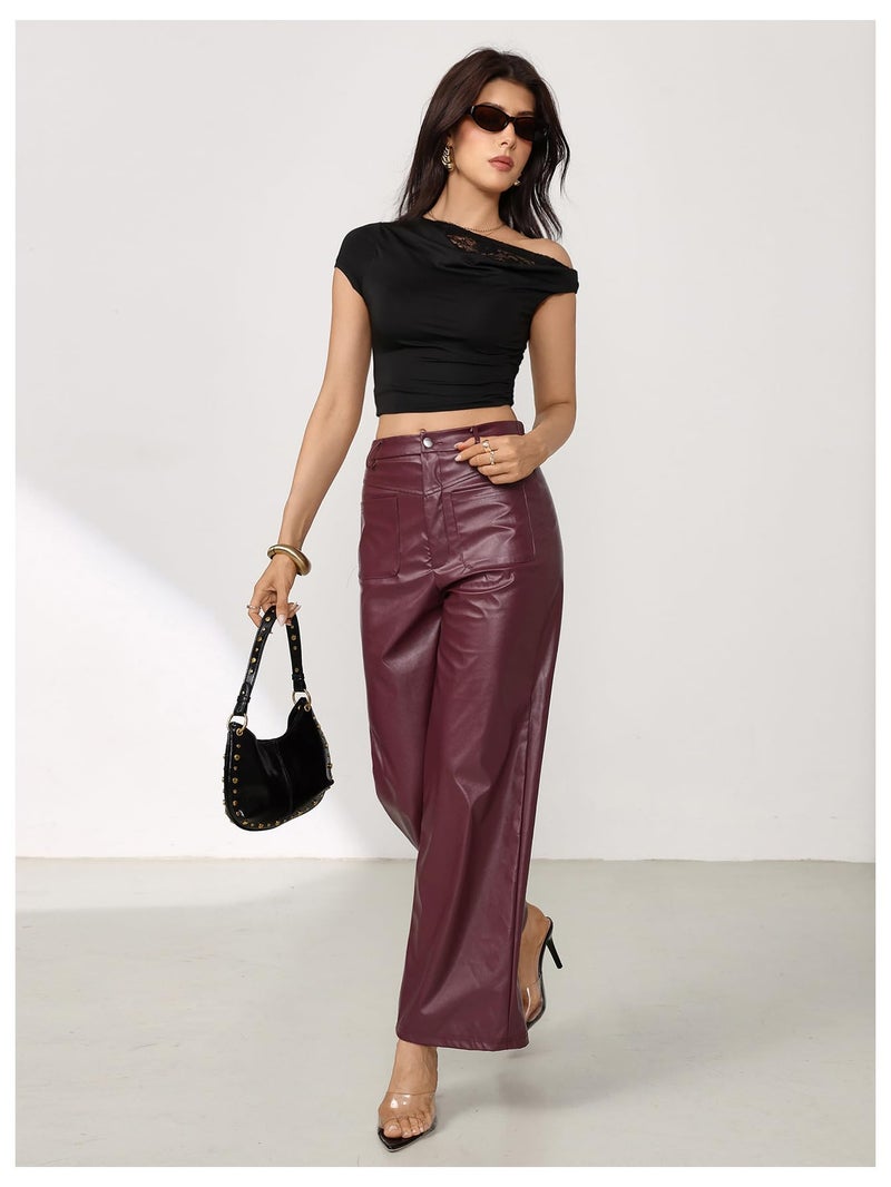 MakeMeChic Women's Leather Pants High Waist Wide Leg Pants Elastic Straight Party Trousers with Pockets Burgundy Medium - Image 4