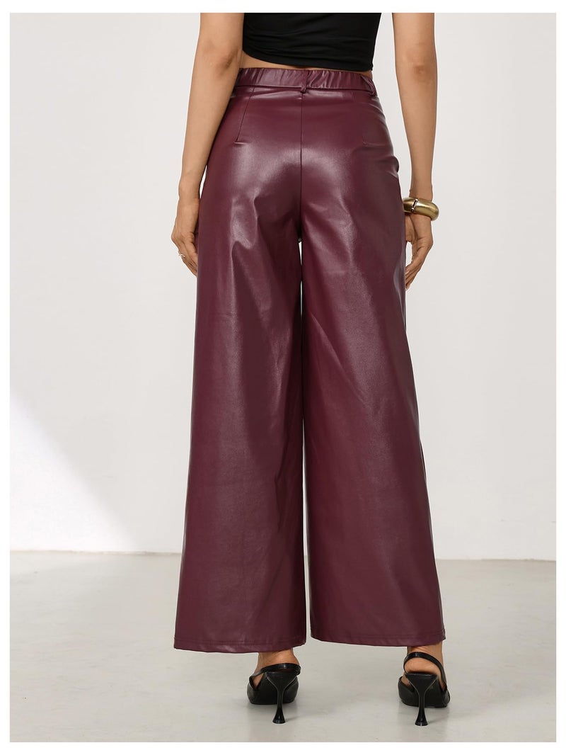 MakeMeChic Women's Leather Pants High Waist Wide Leg Pants Elastic Straight Party Trousers with Pockets Burgundy Medium - Image 2