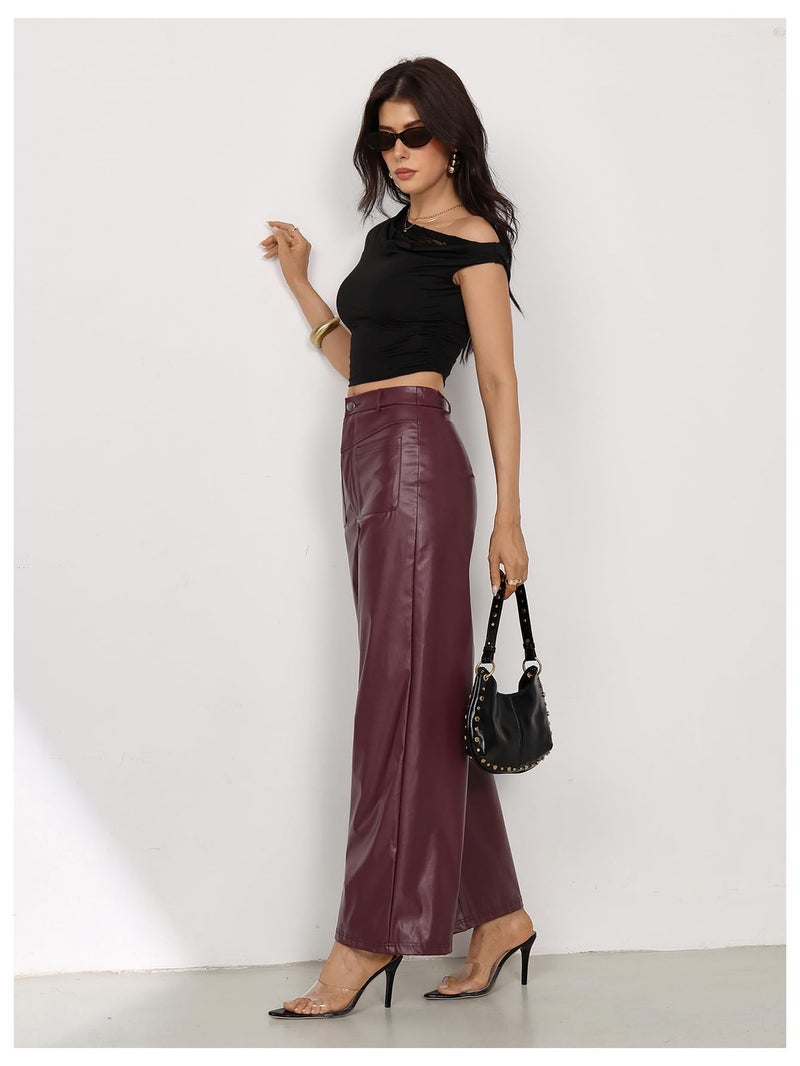 MakeMeChic Women's Leather Pants High Waist Wide Leg Pants Elastic Straight Party Trousers with Pockets Burgundy Medium - Image 3