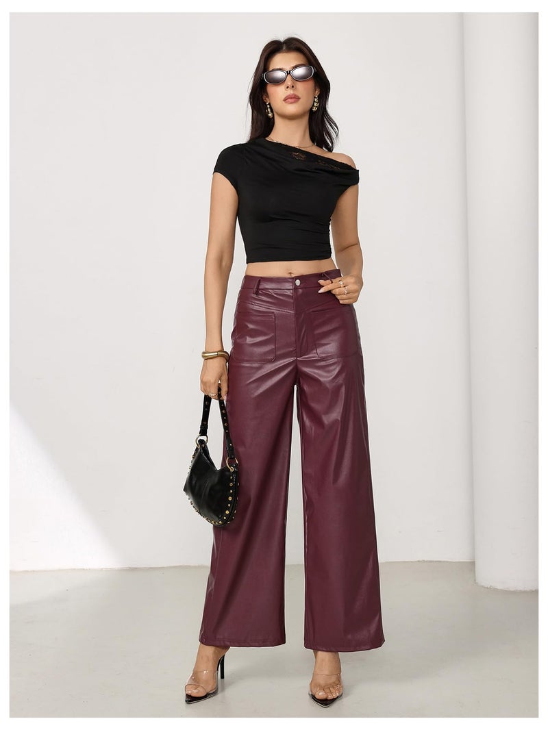MakeMeChic Women's Leather Pants High Waist Wide Leg Pants Elastic Straight Party Trousers with Pockets Burgundy Medium - Image 5