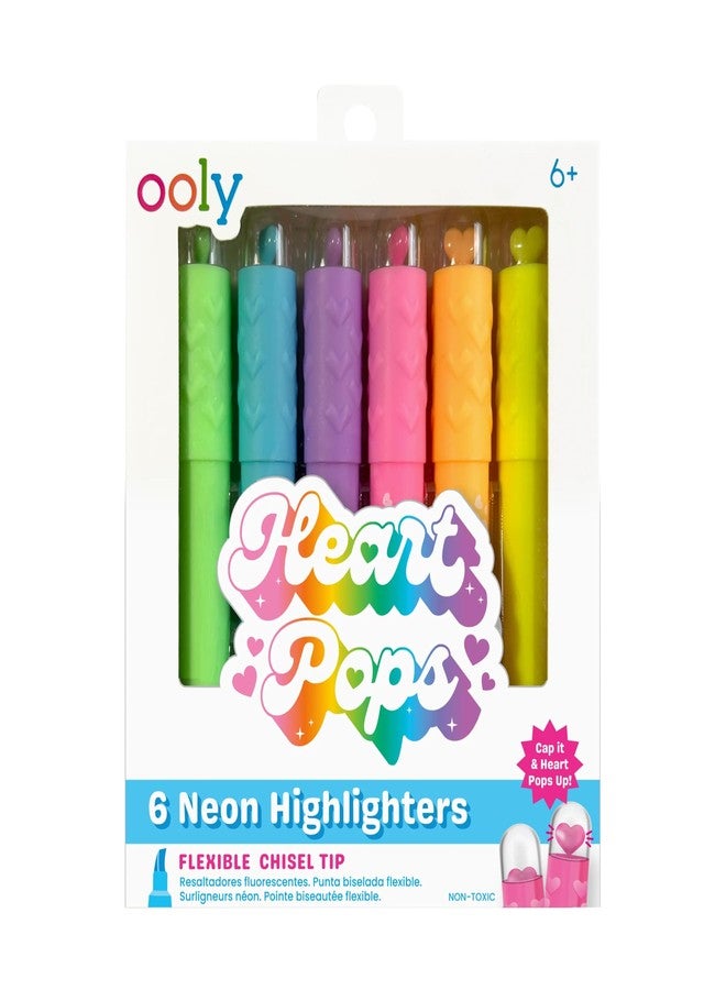 أولي مجموعة أقلام تظليل نيون من Ooly Heart Pops، 6 أقلام - لطيفة برأس مشطوف مرن لتظليل سلس - أقلام تظليل صغيرة على شكل قلب للمخططات وتدوين الملاحظات، للأعمار من 6 سنوات فما فوق - Image 1