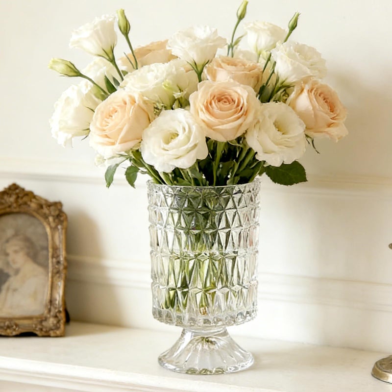 BLOFLO STU BLOFLO Embossed Glass Vase 7 Crystal Glass Vases Pedestal Big Base Glass Bouquet Vase Hydroponic Glass Transparent Vase for Home Office Wedding Dining Table Party Long Rhombus Pattern - Image 2