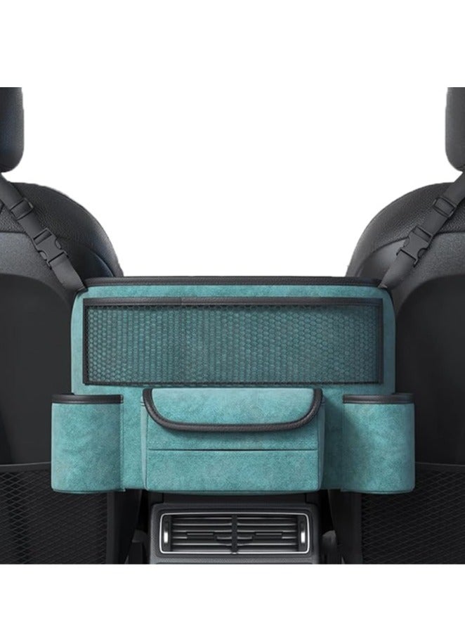 عربست حامل حقيبة يد السيارة بين المقاعد من جلد الغزال بسعة كبيرة وحامل محفظة السيارة ووحدات التحكم في السيارات ومنظمات لتخزين المستندات والهواتف ومنظم السيارة (أزرق) - Image 1