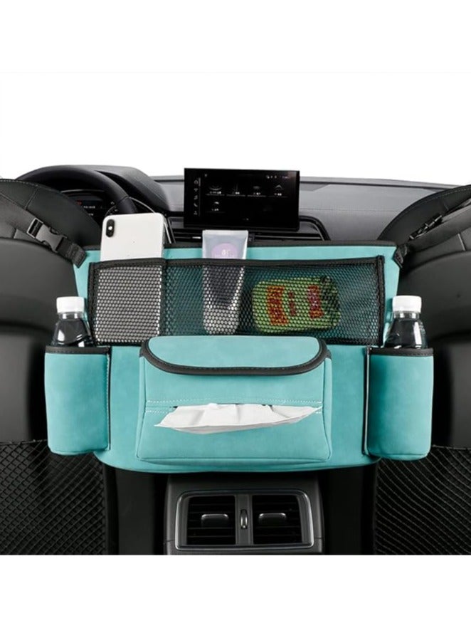 عربست حامل حقيبة يد السيارة بين المقاعد من جلد الغزال بسعة كبيرة وحامل محفظة السيارة ووحدات التحكم في السيارات ومنظمات لتخزين المستندات والهواتف ومنظم السيارة (أزرق) - Image 3