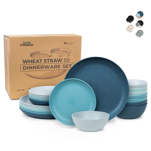 Grow Forward 24-piece Premium Wheat Straw Dinnerware Sets for 8 - Unbreakable Dishwasher & Microwave Safe Plastic Plates and Bowls Sets - Patio, Outdoors, RV, Camping Dishes - Seascape - Image 1