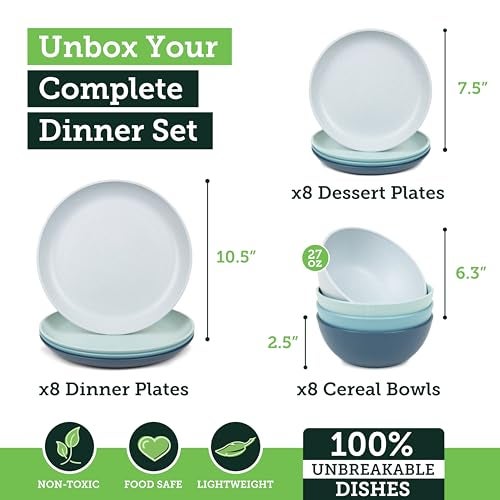 Grow Forward 24-piece Premium Wheat Straw Dinnerware Sets for 8 - Unbreakable Dishwasher & Microwave Safe Plastic Plates and Bowls Sets - Patio, Outdoors, RV, Camping Dishes - Seascape - Image 3