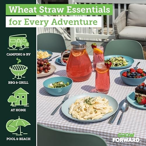 Grow Forward 24-piece Premium Wheat Straw Dinnerware Sets for 8 - Unbreakable Dishwasher & Microwave Safe Plastic Plates and Bowls Sets - Patio, Outdoors, RV, Camping Dishes - Seascape - Image 2