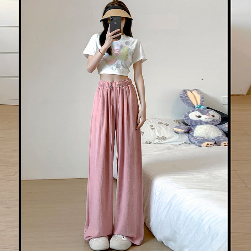 Pregnant Womens Wide Leg Pants 2024 Summer Thin Loose Slimming Lazy Cotton and Linen Pleated Yamamoto Pants Non-abdominal Pregnant Women Pants Pink  - Image 1