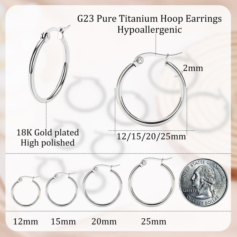 Staligue 4Pairs Titanium Hoop Earrings for Sensitive Ears Thin Hypoallergenic Titanium Earrings Hoops for Women Men Lightweight G23 Small Huggie Hoop Earrings 12MM 15MM 20MM 25MM (Silvery) - Image 2