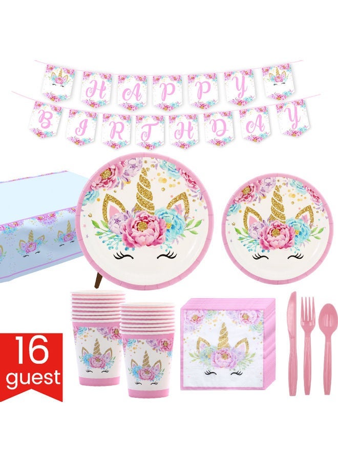 NIBEMINENT 114-Piece Unicorn Happy Birthday Party Pack Tableware Cups Napkin Tissue Straws Plates Set 16 Guest - Image 1