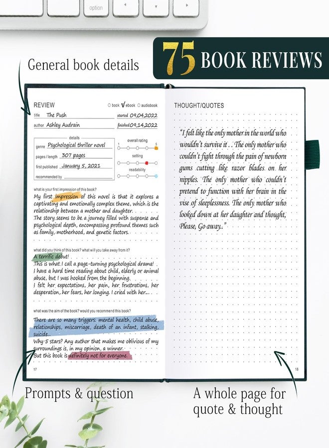 JUBTIC Reading Journal - Book Journal Reading Log for 75 Book Review and Track Your Reading Progress - Gift Book Accessories for Book Lovers and Voracious Readers - 75 Books，A5 Size (Pine Green) - Image 3
