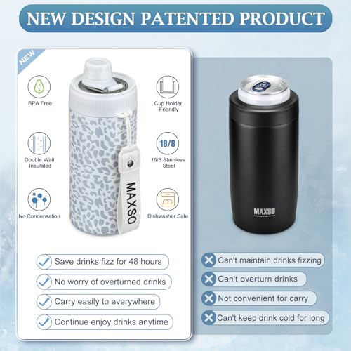 MAXSO Sealed Can Cooler Fizz Lid Can Cover for 12 oz Regular, Slim Skinny Cans & As Thermal Bottle, 4-in-1 Insulated Vacuum Stainless Steel Carbonated Cold Drink Holder - Leopard - Image 3