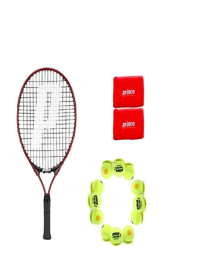 برنس مضرب تنس برينس ألومنيوم أتاك 21 مع 12 كرة تنس برينس ستيج 2 برتقالية قياسية وسوار معصم أحمر/أبيض - Image 2