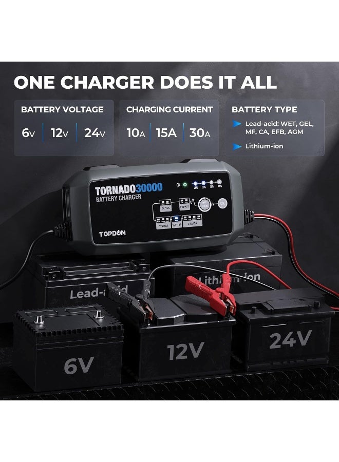 توب دون شاحن بطارية سيارات TOPDON TORNADO30000 بقدرة 30 أمبير، 6V 12V 24V، مع خاصية الإصلاح التلقائي وإزالة الكبريت، وشحن الصيانة البطيء، مزود طاقة ثابت ومثبت جهد لبرمجة وحدة التحكم ECU (T30000-UK) - Image 2