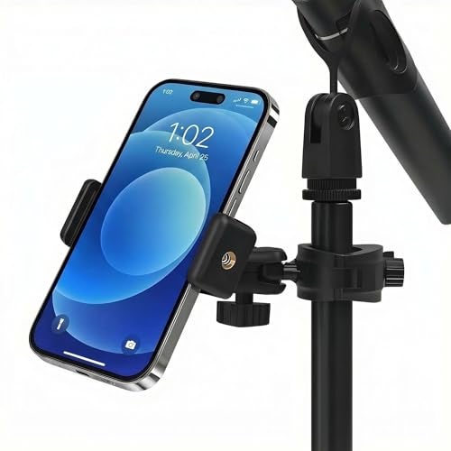 HETOETF Phone Holder for Microphone Stand, Adjustable Mic Music Stand Phone Holder for Mobile Phones, Rotatabe Phone Mic Stand Mount Compatible with for All iPhone, Android Cell Phone - Image 1