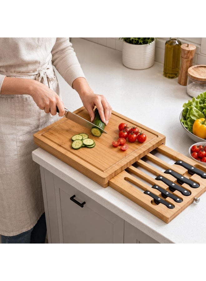 Bamboo cutting board with 5-piece kitchen knife set, sliding drawer, non-slip wooden cutting board, suitable for meat, vegetables, bread, fruits, and cheese, kitchen preparation board, 37 x 27 x 5 cm - Image 1