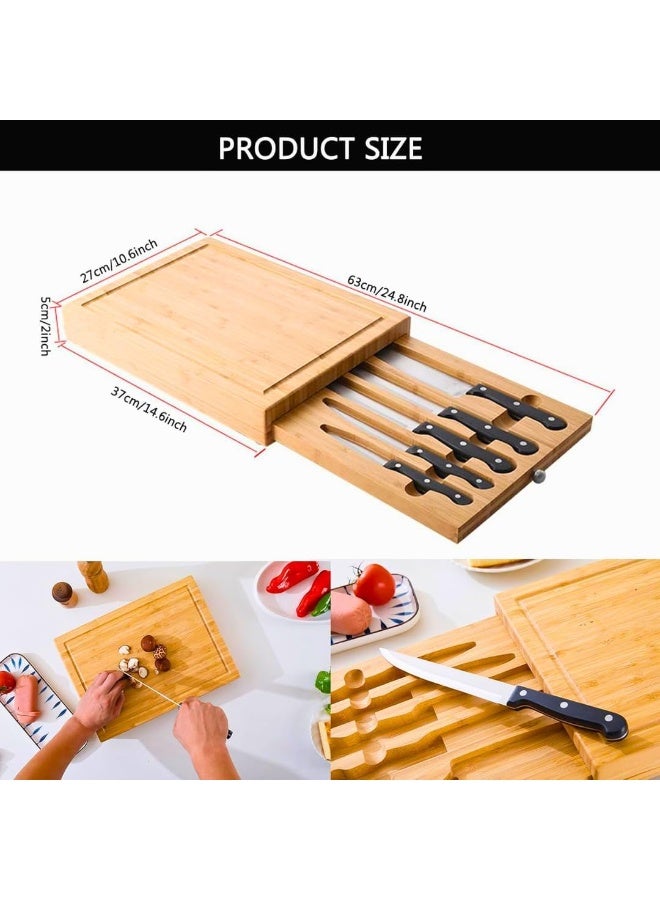Bamboo cutting board with 5-piece kitchen knife set, sliding drawer, non-slip wooden cutting board, suitable for meat, vegetables, bread, fruits, and cheese, kitchen preparation board, 37 x 27 x 5 cm - Image 2