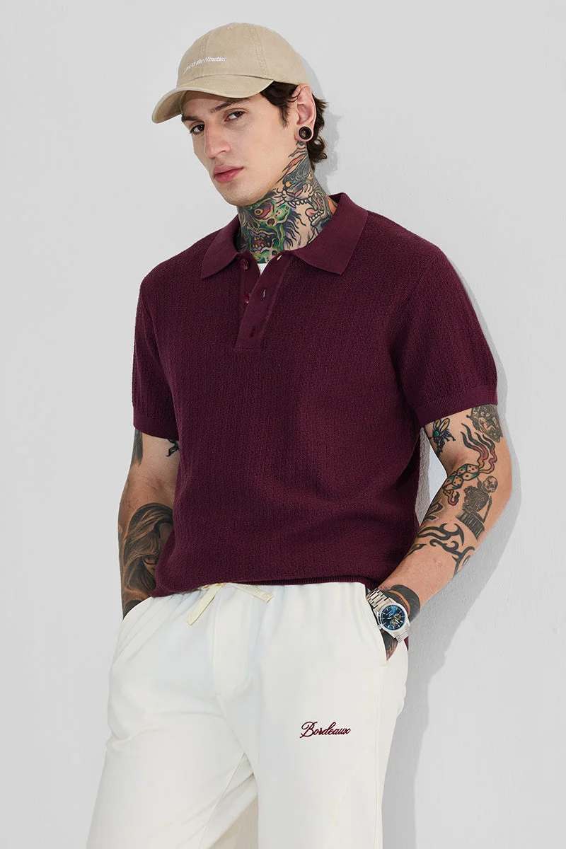 SNITCH Bordeaux Burgundy Textured Relaxed Fit Polo T-Shirt