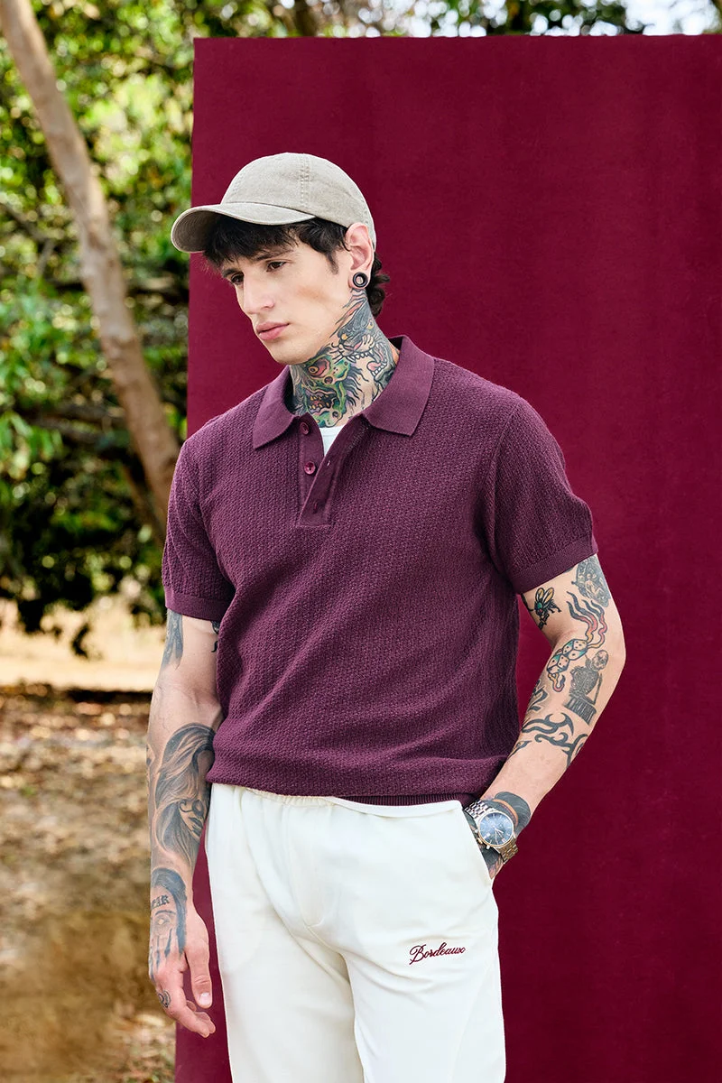 SNITCH Bordeaux Burgundy Textured Relaxed Fit Polo T-Shirt