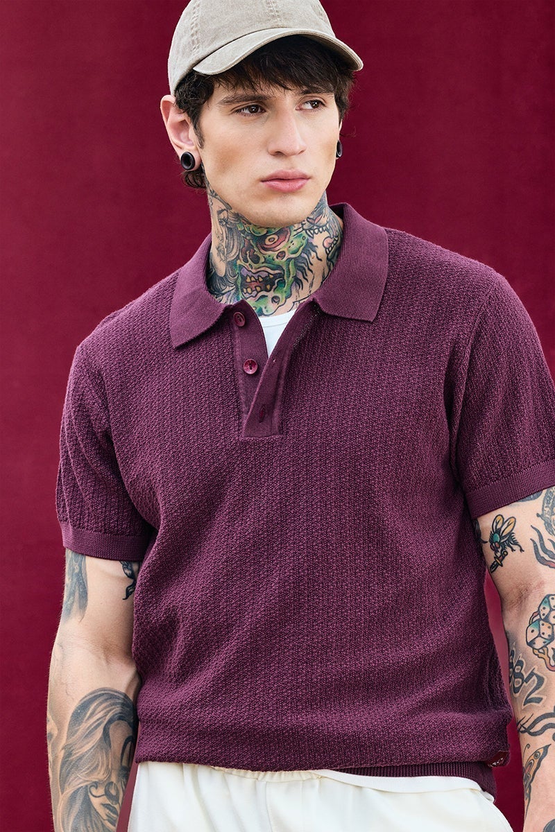 سنيتش تيشيرت بولو بوردو بورغندي مريح بقصة مسترخية - Image 5