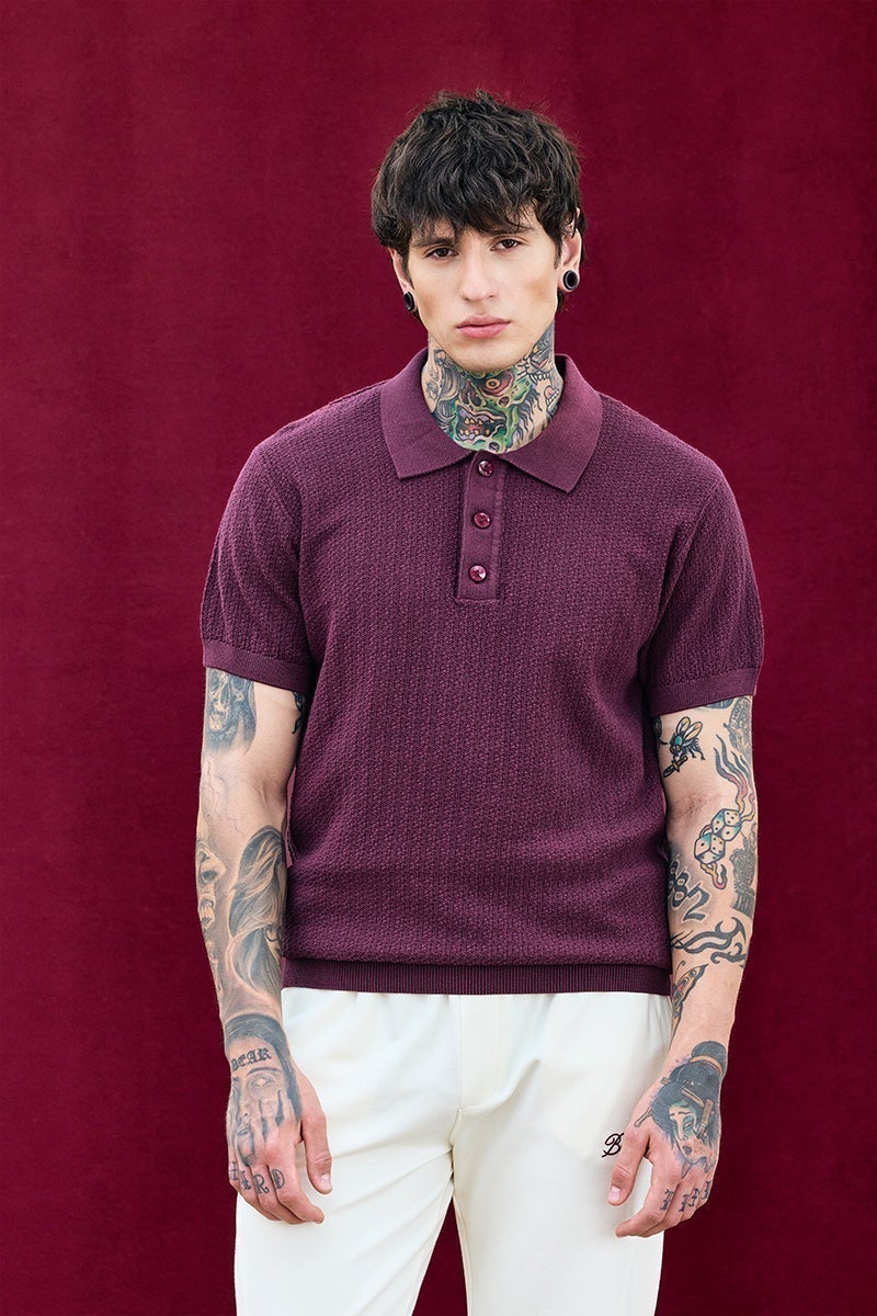 سنيتش تيشيرت بولو بوردو بورغندي مريح بقصة مسترخية - Image 2