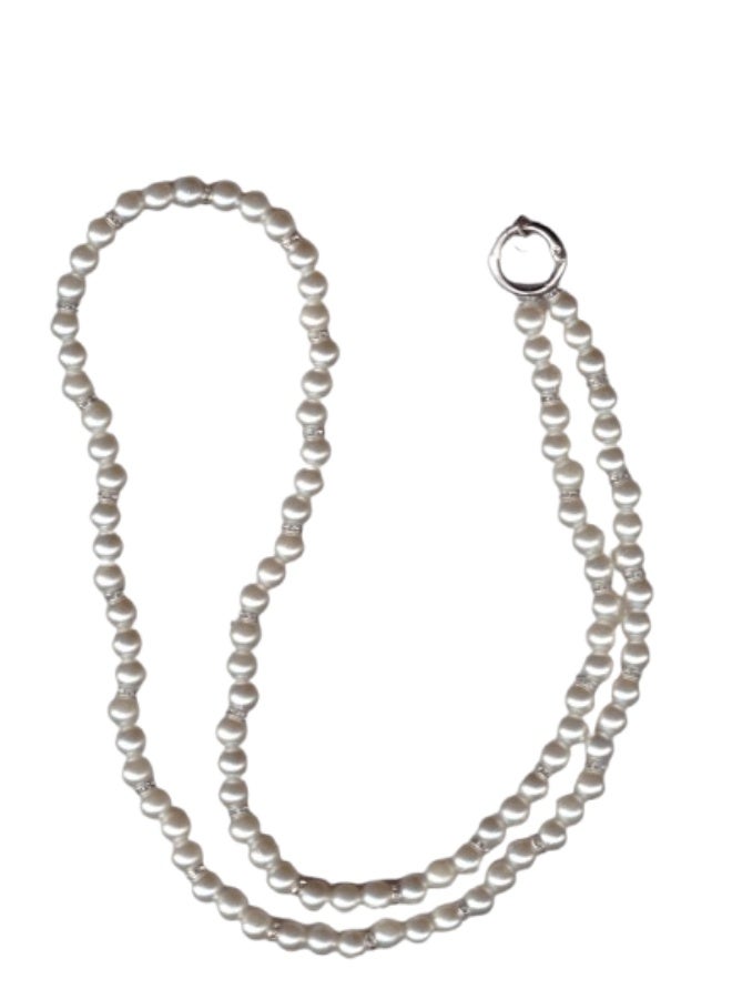 Long White Pearl Beaded Phone Chain with Silver Dividers – Elegant Luxury Hand & Neck Strap for Women