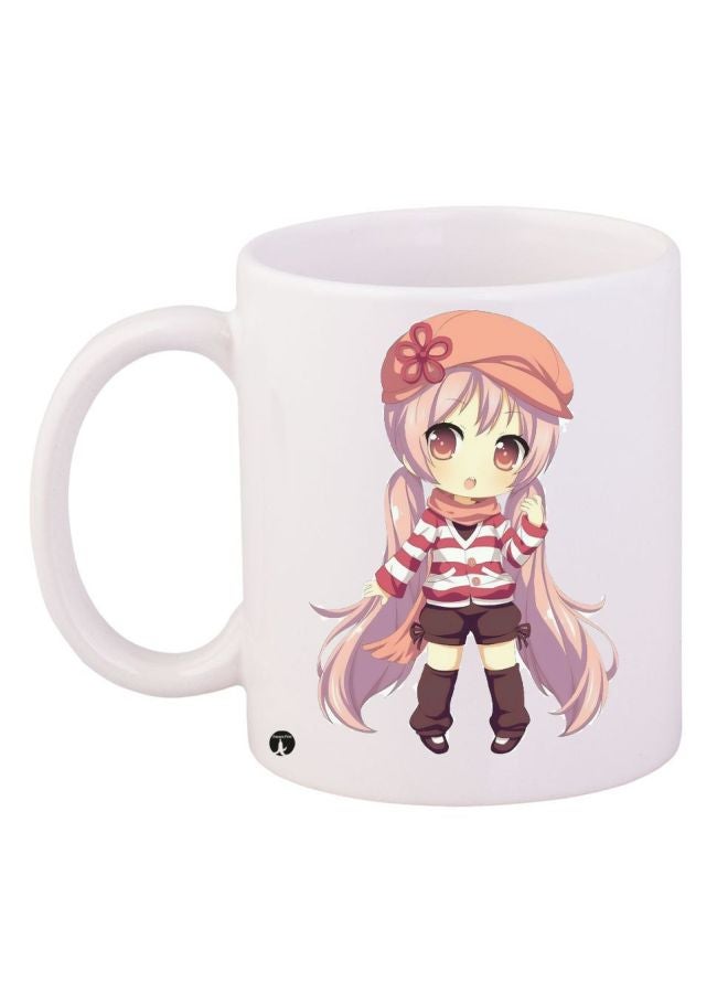 RYN Anime Girl Printed Coffee Mug White/Pink/Brown 11ounce