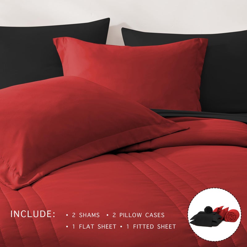 Monbix Queen Comforter Set - 7 Pieces Bright Red Bed in a Bag Queen Bedding Sets with Comforters, All Seasons Comforter Bed Set with Sheets, Pillowcases & Shams - Image 4
