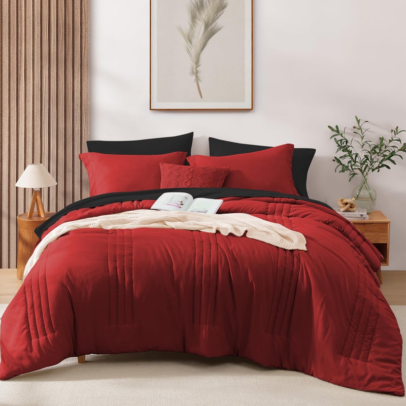 Monbix Queen Comforter Set - 7 Pieces Bright Red Bed in a Bag Queen Bedding Sets with Comforters, All Seasons Comforter Bed Set with Sheets, Pillowcases & Shams - Image 1