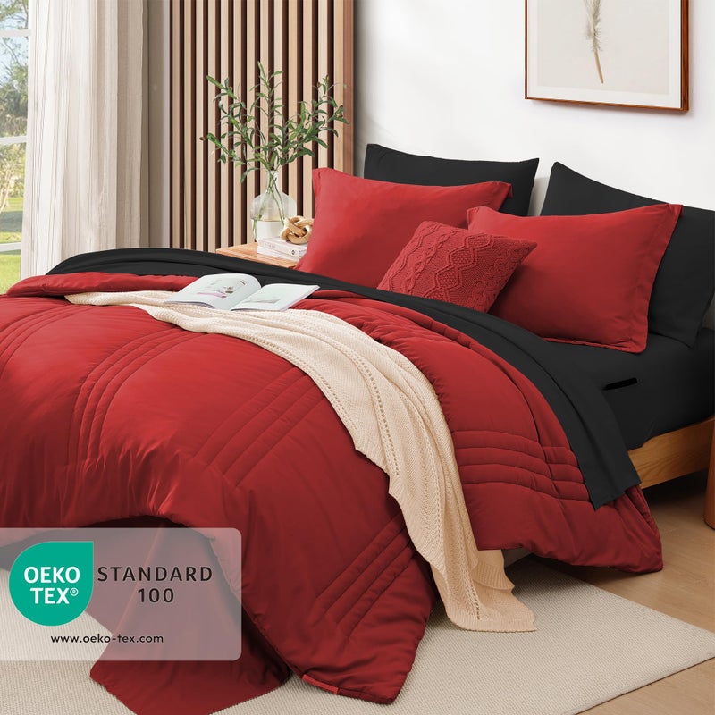 Monbix Queen Comforter Set - 7 Pieces Bright Red Bed in a Bag Queen Bedding Sets with Comforters, All Seasons Comforter Bed Set with Sheets, Pillowcases & Shams - Image 2