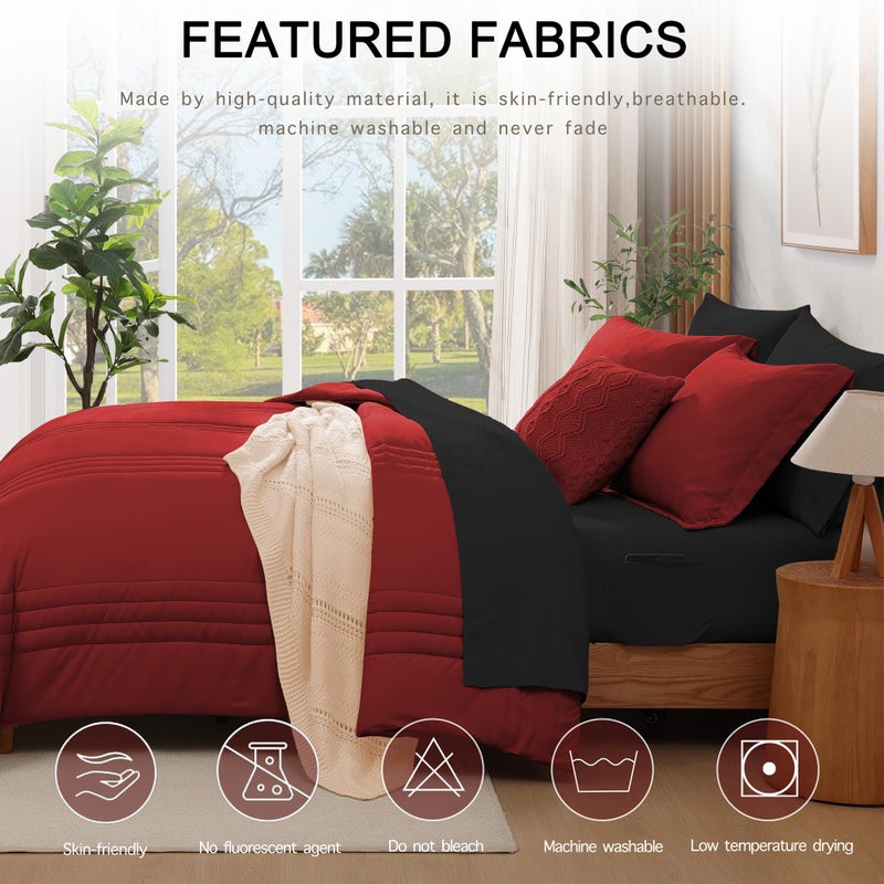 Monbix Queen Comforter Set - 7 Pieces Bright Red Bed in a Bag Queen Bedding Sets with Comforters, All Seasons Comforter Bed Set with Sheets, Pillowcases & Shams - Image 3