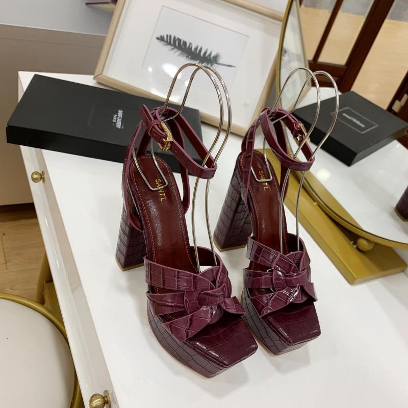2023 Summer Fashion Style Stone Pattern Bow Leather High Heels Waterproof Table Hate Sky High Strap Sandals - Image 1