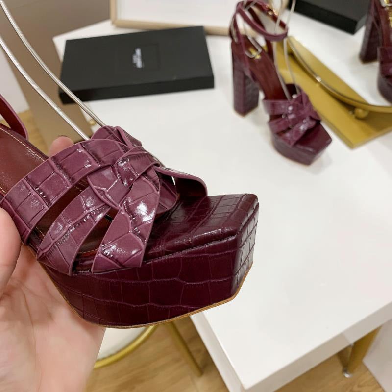 2023 Summer Fashion Style Stone Pattern Bow Leather High Heels Waterproof Table Hate Sky High Strap Sandals - Image 5