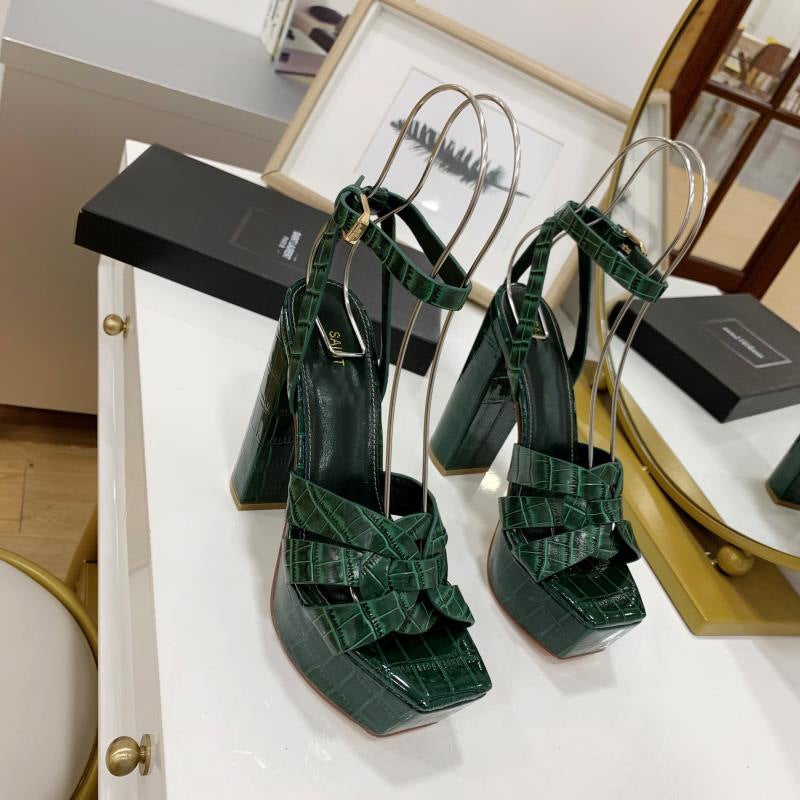 2023 Summer Fashion Style Stone Pattern Bow Leather High Heels Waterproof Table Hate Sky High Strap Sandals - Image 3