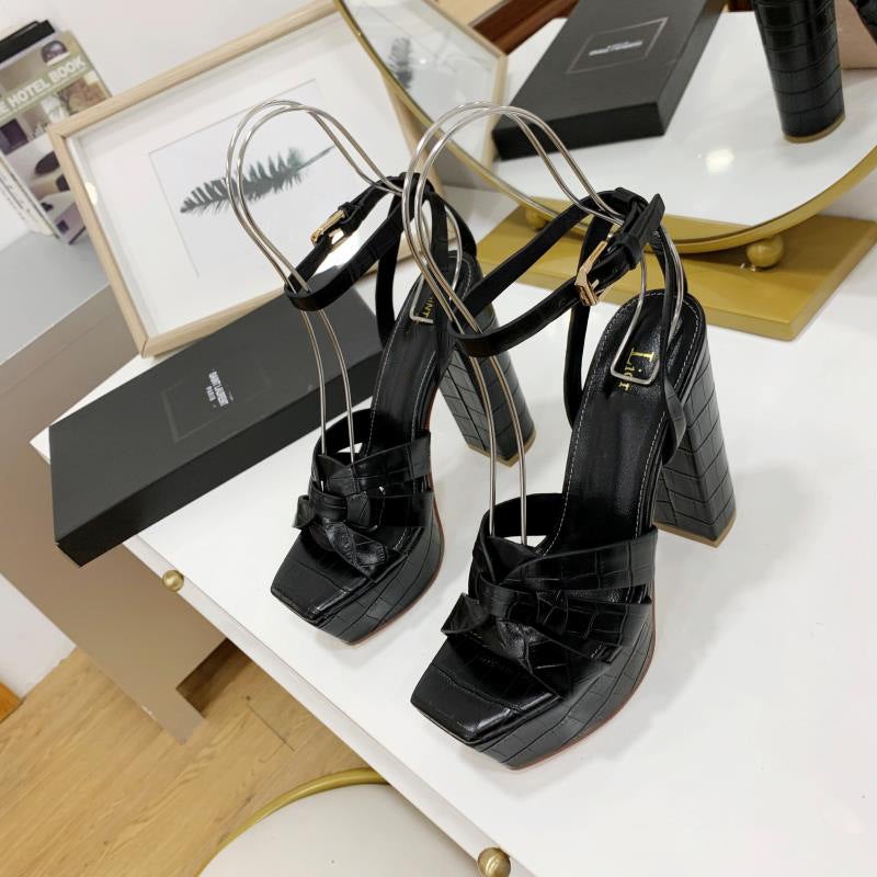 2023 Summer Fashion Style Stone Pattern Bow Leather High Heels Waterproof Table Hate Sky High Strap Sandals - Image 4