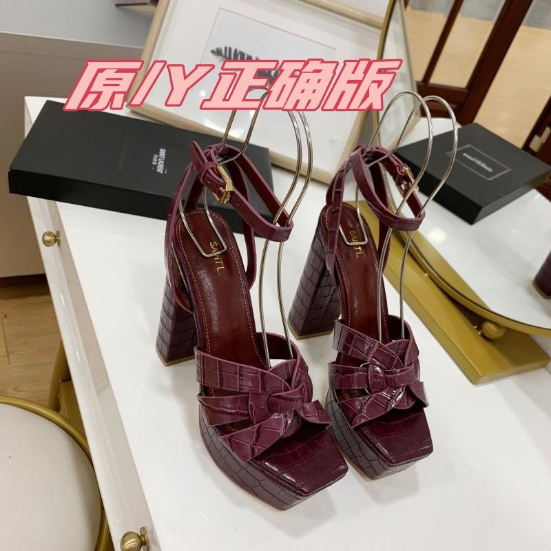 2023 Summer Fashion Style Stone Pattern Bow Leather High Heels Waterproof Table Hate Sky High Strap Sandals - Image 2