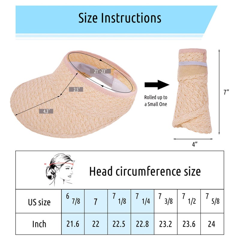 Livingston Pink Visor Hats for Women - Foldable Straw Sun Visors, Wide Brim Cream Pink - Image 5