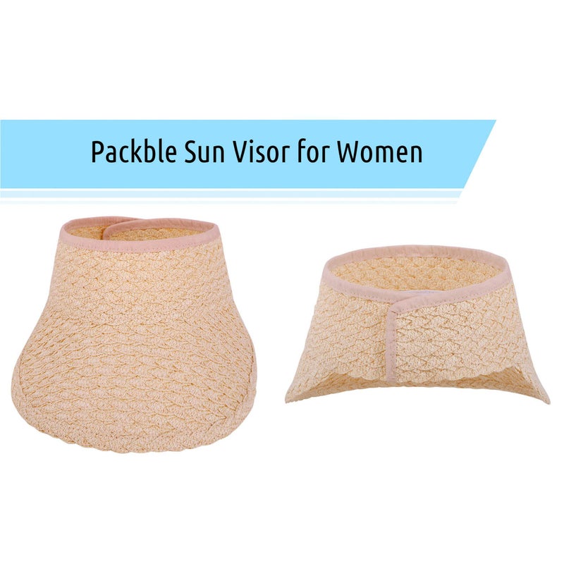 Livingston Pink Visor Hats for Women - Foldable Straw Sun Visors, Wide Brim Cream Pink - Image 4