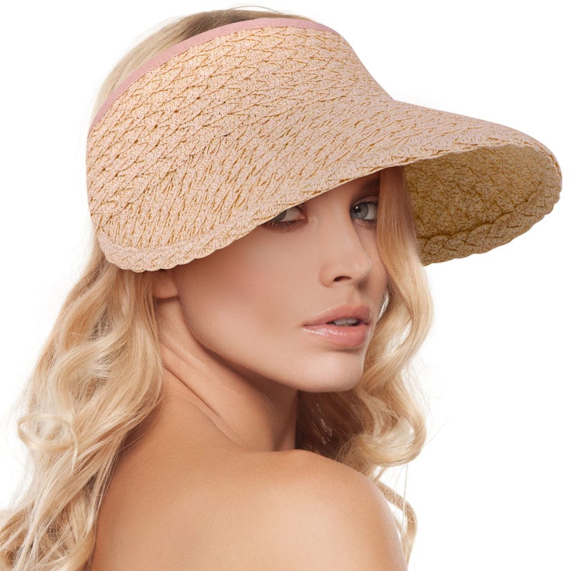 Livingston Pink Visor Hats for Women - Foldable Straw Sun Visors, Wide Brim Cream Pink - Image 1