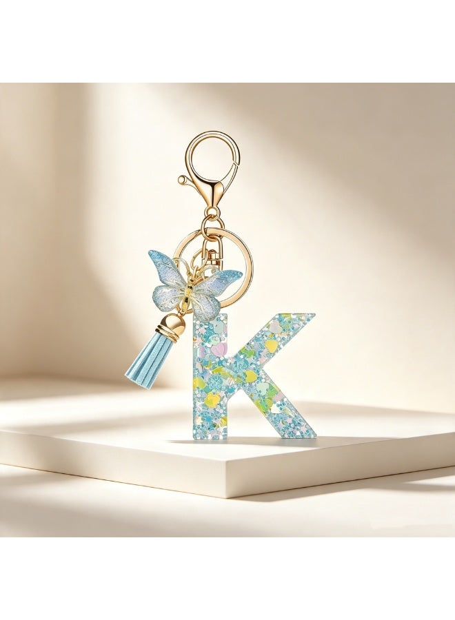 Initial Letter K Butterfly Keychain Bag Charm for Women, Glitter Resin with Tassel - Image 3