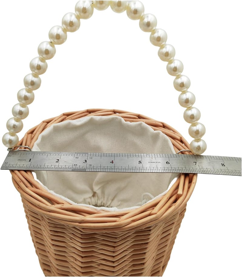 Yuudar Rustic Wicker Rattan Wedding Flower Girl Baskets,Woven Rattan Storage Basket with Pearl Handles,Woven Eggs Candy Basket for Wedding Home Garden Decor (B) - Image 3