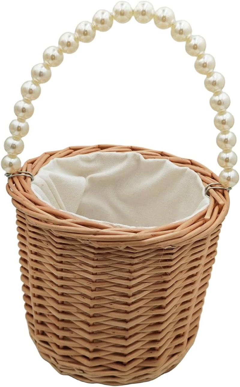 Yuudar Rustic Wicker Rattan Wedding Flower Girl Baskets,Woven Rattan Storage Basket with Pearl Handles,Woven Eggs Candy Basket for Wedding Home Garden Decor (B) - Image 1