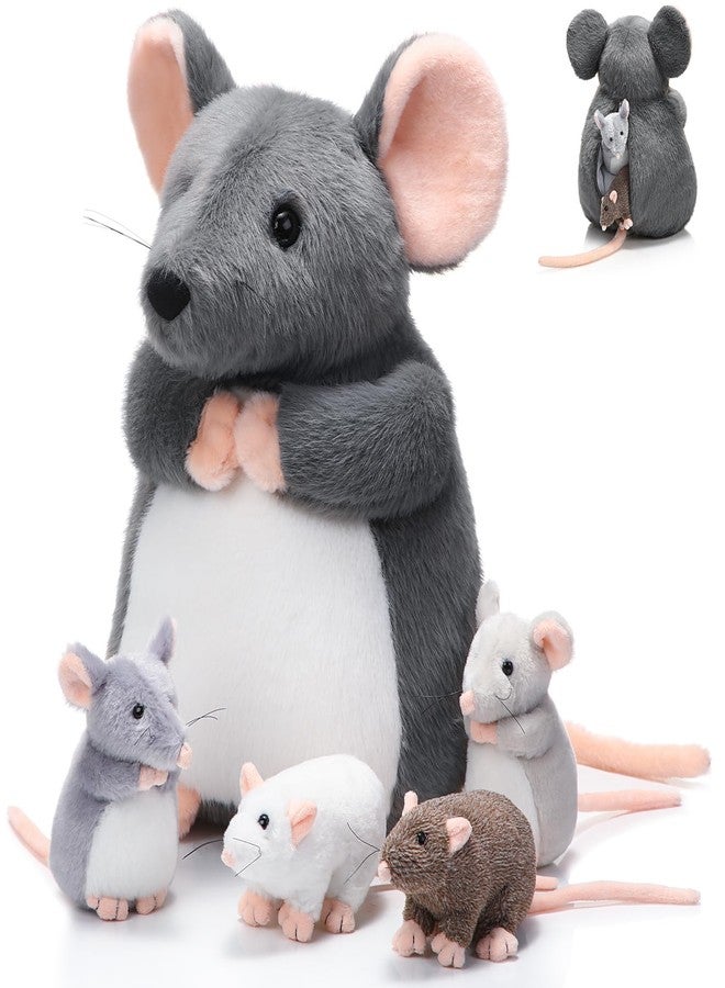 Arrowbash 5 Pcs Mouse Stuffed Animals Set - 14'' Large Mommy Rat Plush with 4 Small Mouse Babies in Zippered Tummy Stuffed Rat Plush Toys for Kids Girls Boys Valentine Birthday Gift(Fluffy Style) - Image 1