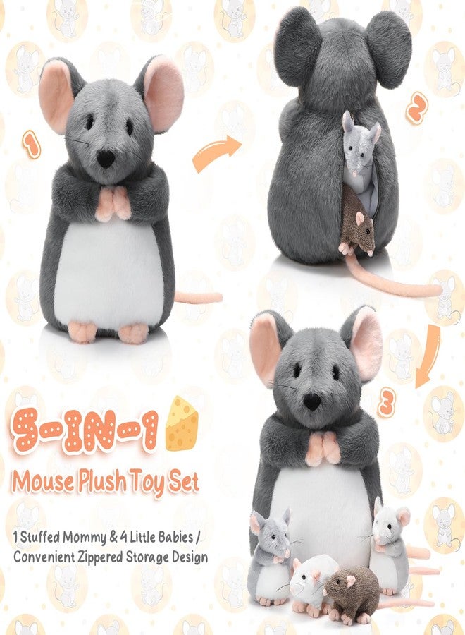 Arrowbash 5 Pcs Mouse Stuffed Animals Set - 14'' Large Mommy Rat Plush with 4 Small Mouse Babies in Zippered Tummy Stuffed Rat Plush Toys for Kids Girls Boys Valentine Birthday Gift(Fluffy Style) - Image 3
