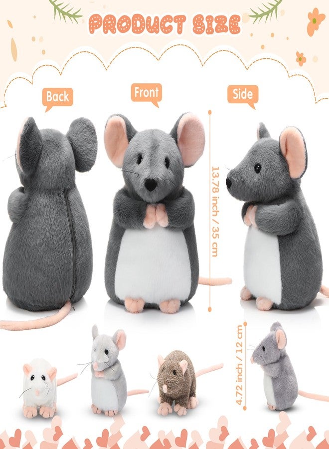 Arrowbash 5 Pcs Mouse Stuffed Animals Set - 14'' Large Mommy Rat Plush with 4 Small Mouse Babies in Zippered Tummy Stuffed Rat Plush Toys for Kids Girls Boys Valentine Birthday Gift(Fluffy Style) - Image 2