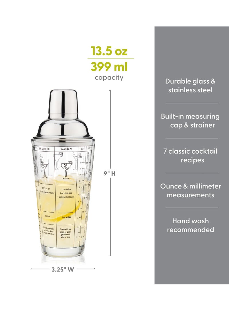 شاكير كوكتيل زجاجي مع وصفات، 400 مل، شاكير مارتيني من الفولاذ المقاوم للصدأ 18/8 مع مصفى، غطاء مانع للتسرب، خلاط مشروبات ممتاز لبار المشروبات المنزلية - Image 3
