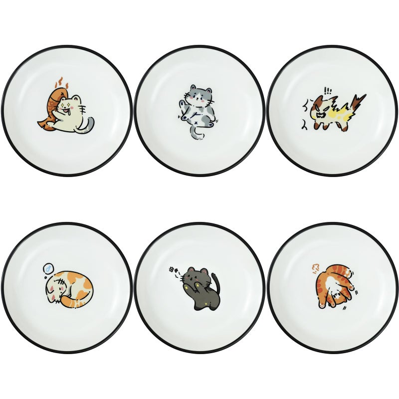 SOCOSY Super Cute Cartoon Animal Ceramic Sauce Dishes, Seasoning Dishes, Little Cat Dog Bird Feeding Bowls, Sushi Soy Dipping Bowls, Appetizer Plates, Dessert Plates, Set of 6-Cats-5 Inch - Image 1